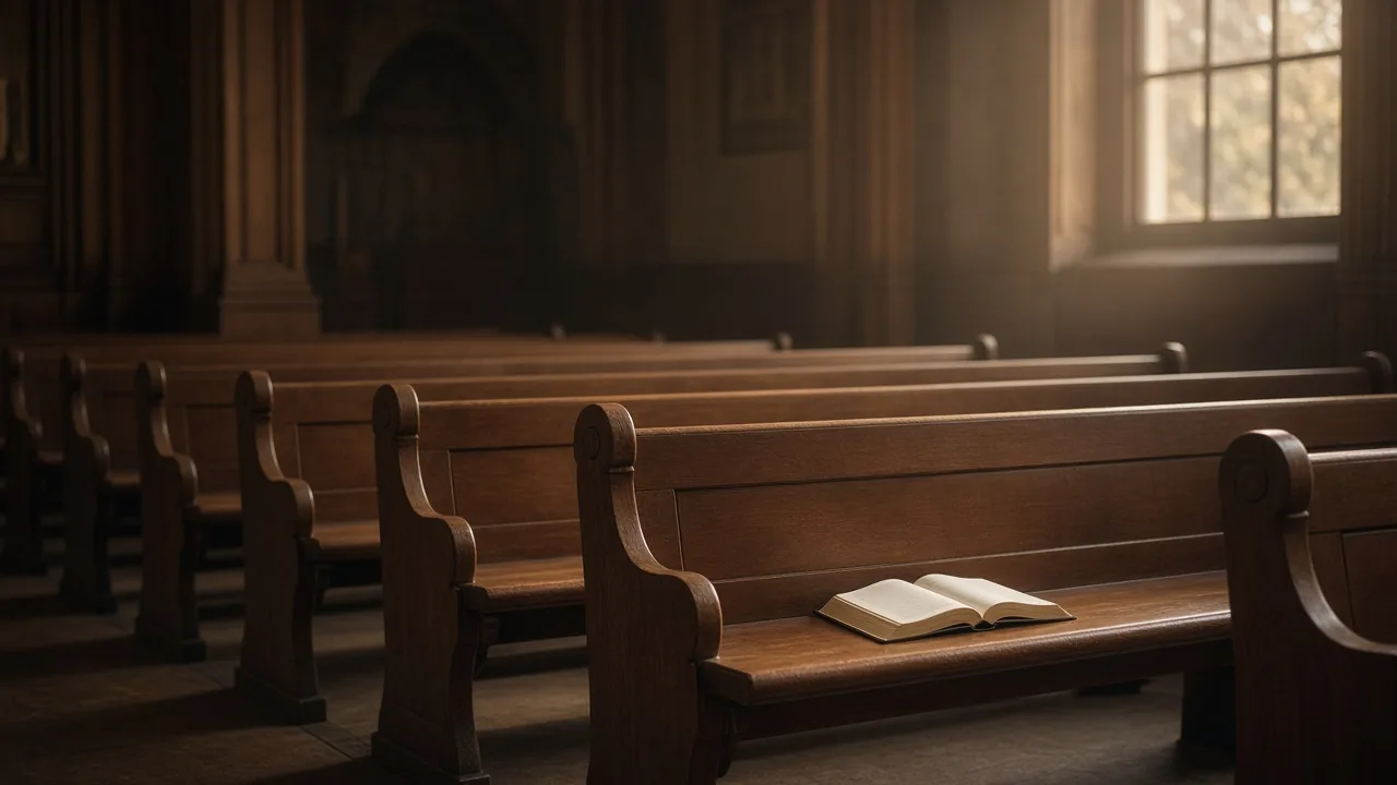 Empty church pews in soft evening light